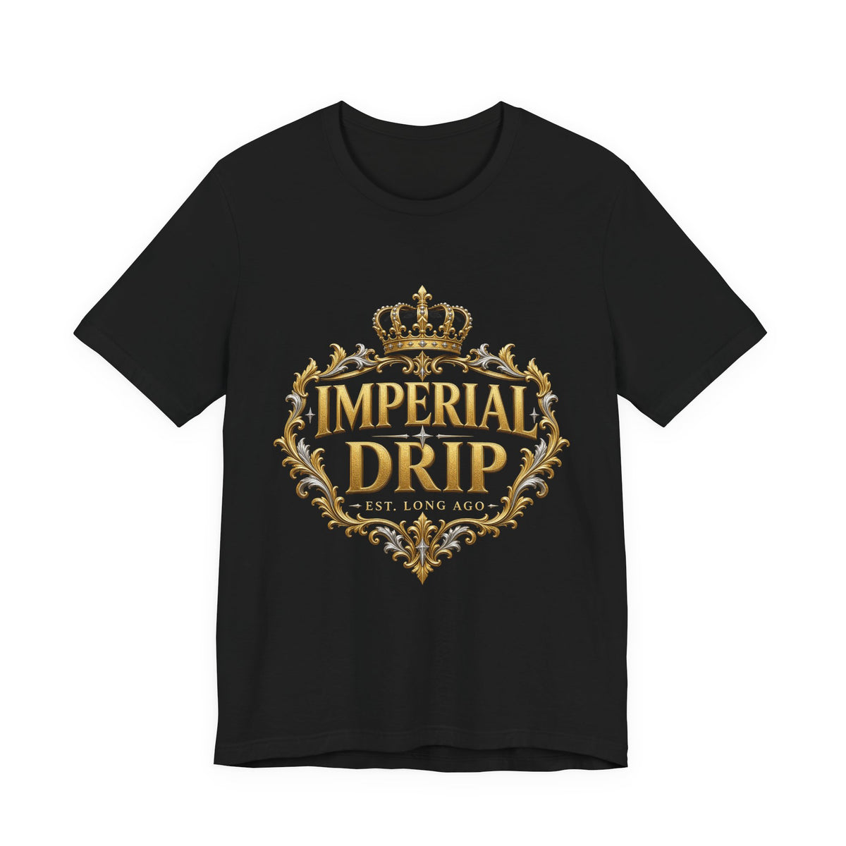 Black crewneck t-shirt with gold crown and ornate logo graphic on front