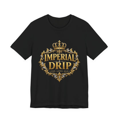 Black crewneck t-shirt with gold crown and ornate logo graphic on front