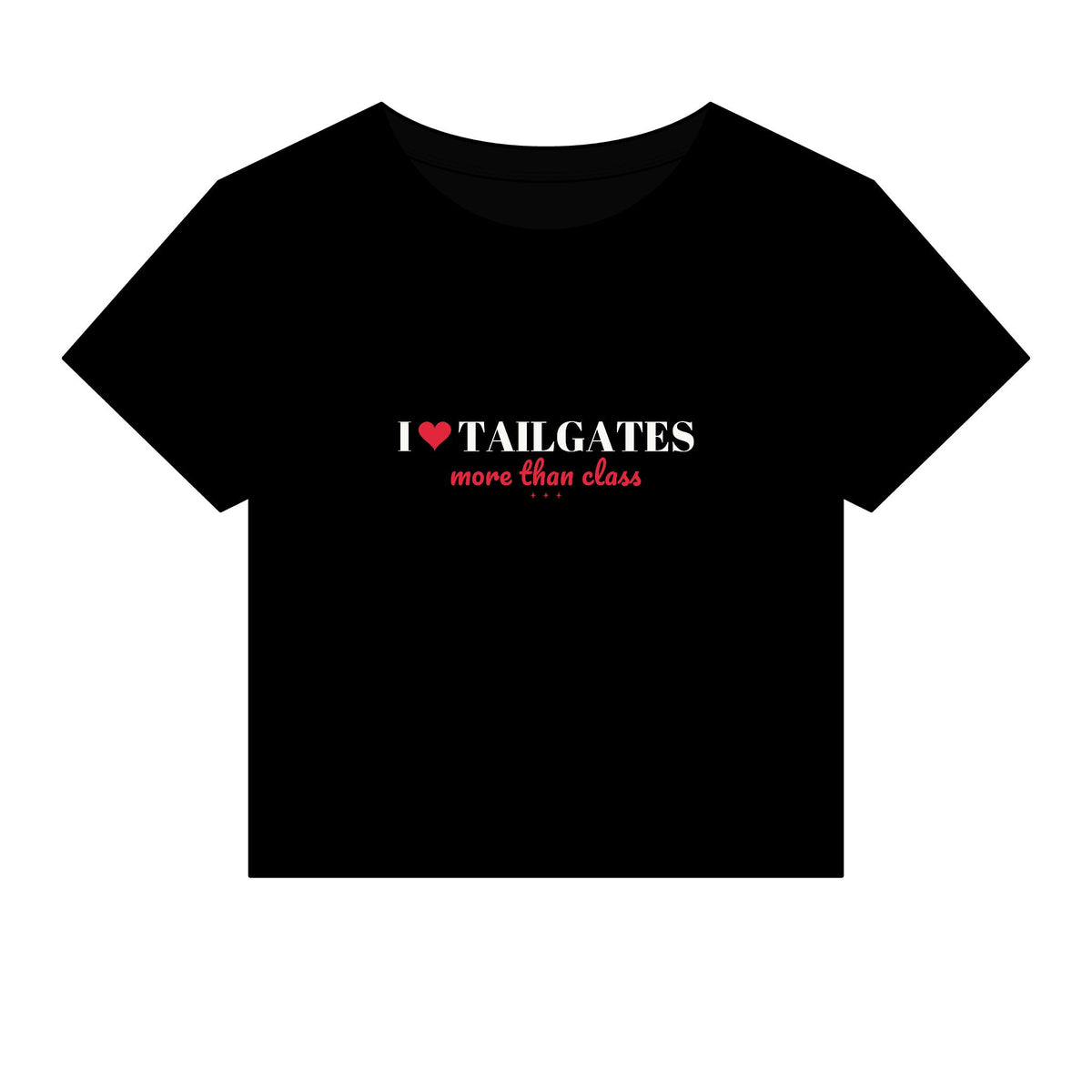 Black crop top T-shirt with "I ♥ TAILGATES" graphic and red slogan
