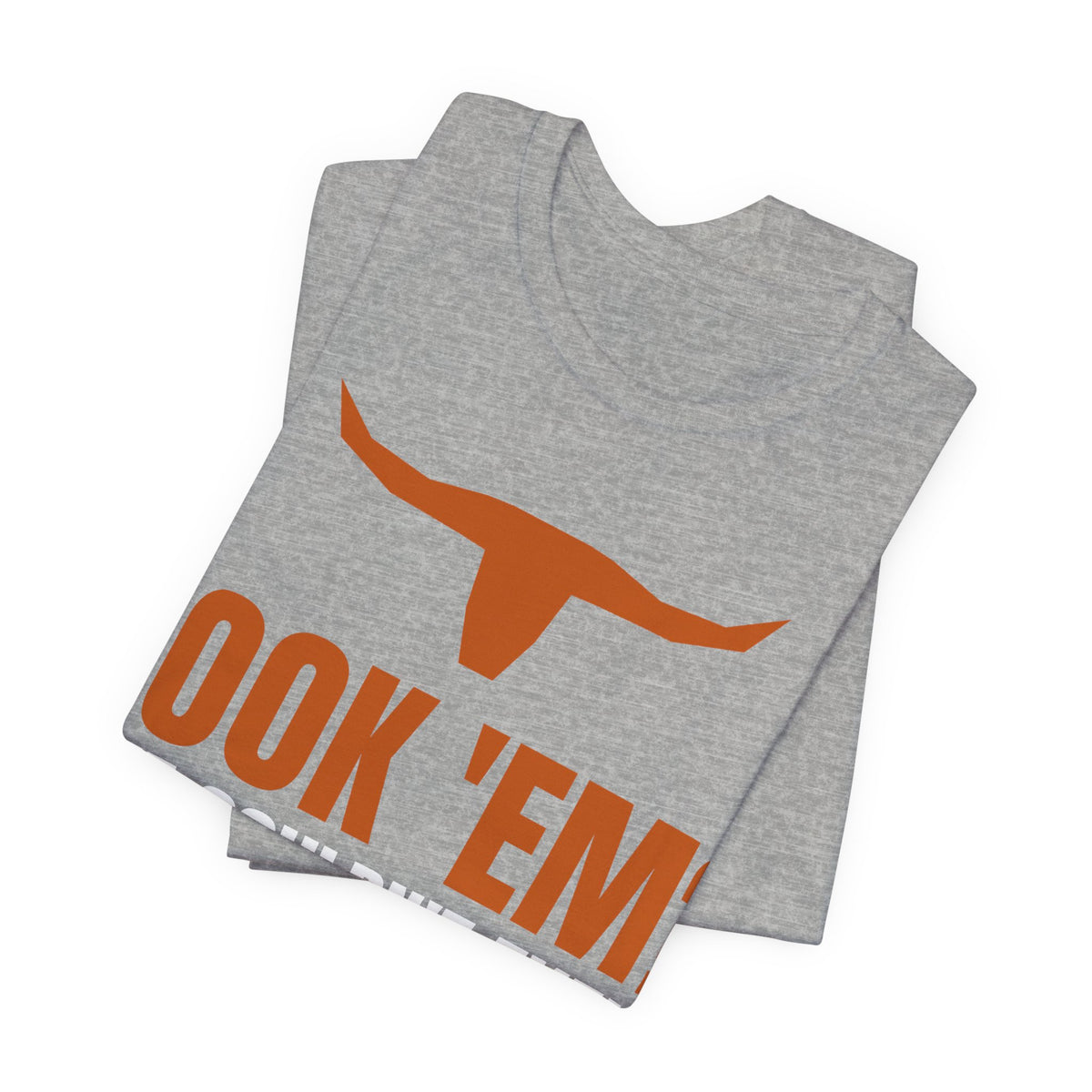 Athletic heather tee with orange longhorn and 'HOOK 'EM' text, folded