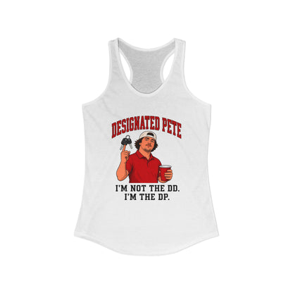 White racerback tank top with red character graphic and slogan on front