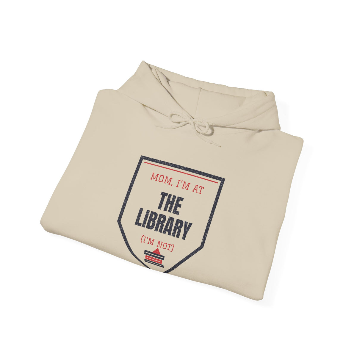 Sand beige hoodie with drawstring hood and “The Library” graphic print