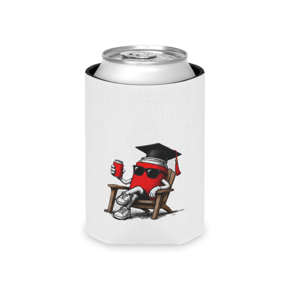 White can koozie with black rim and cartoon red mascot in cap, no text