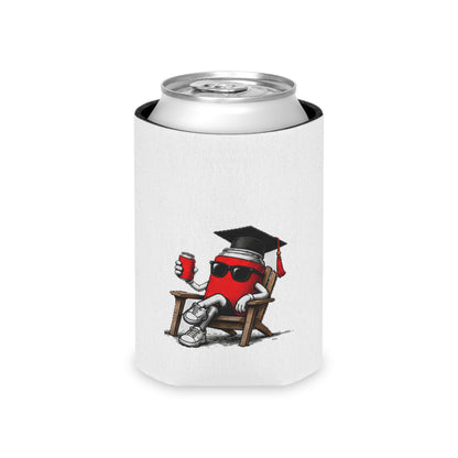 White can koozie with black rim and cartoon red mascot in cap, no text