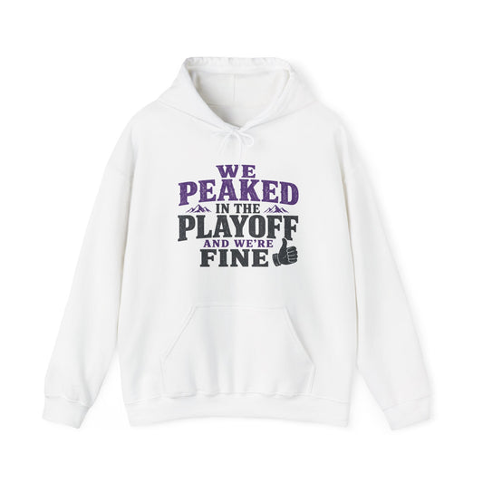 White pullover hoodie with front pouch pocket and purple 'WE PEAKED' graphic