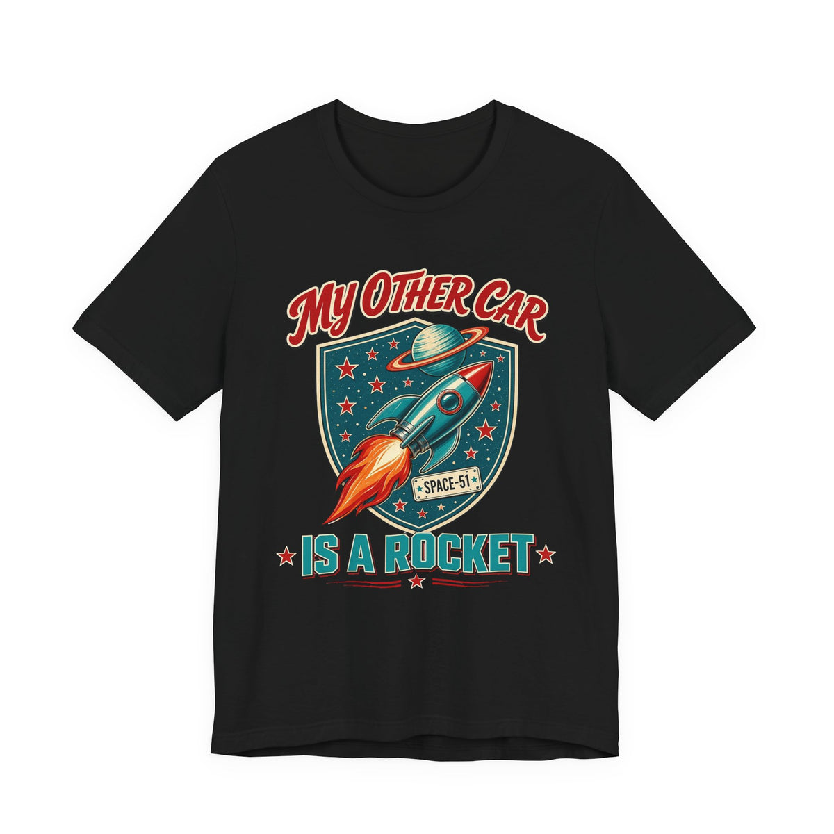 Black crewneck t-shirt with colorful rocket graphic on the front