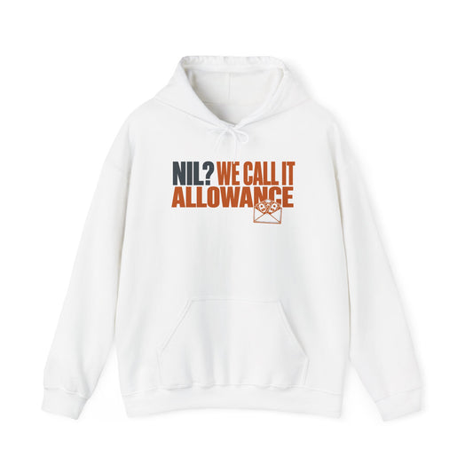 White hoodie with front pocket, drawstring hood, and orange/black NIL graphic