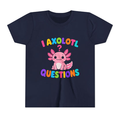 Kids graphic T-shirt in navy with colorful axolotl and 'Questions' print