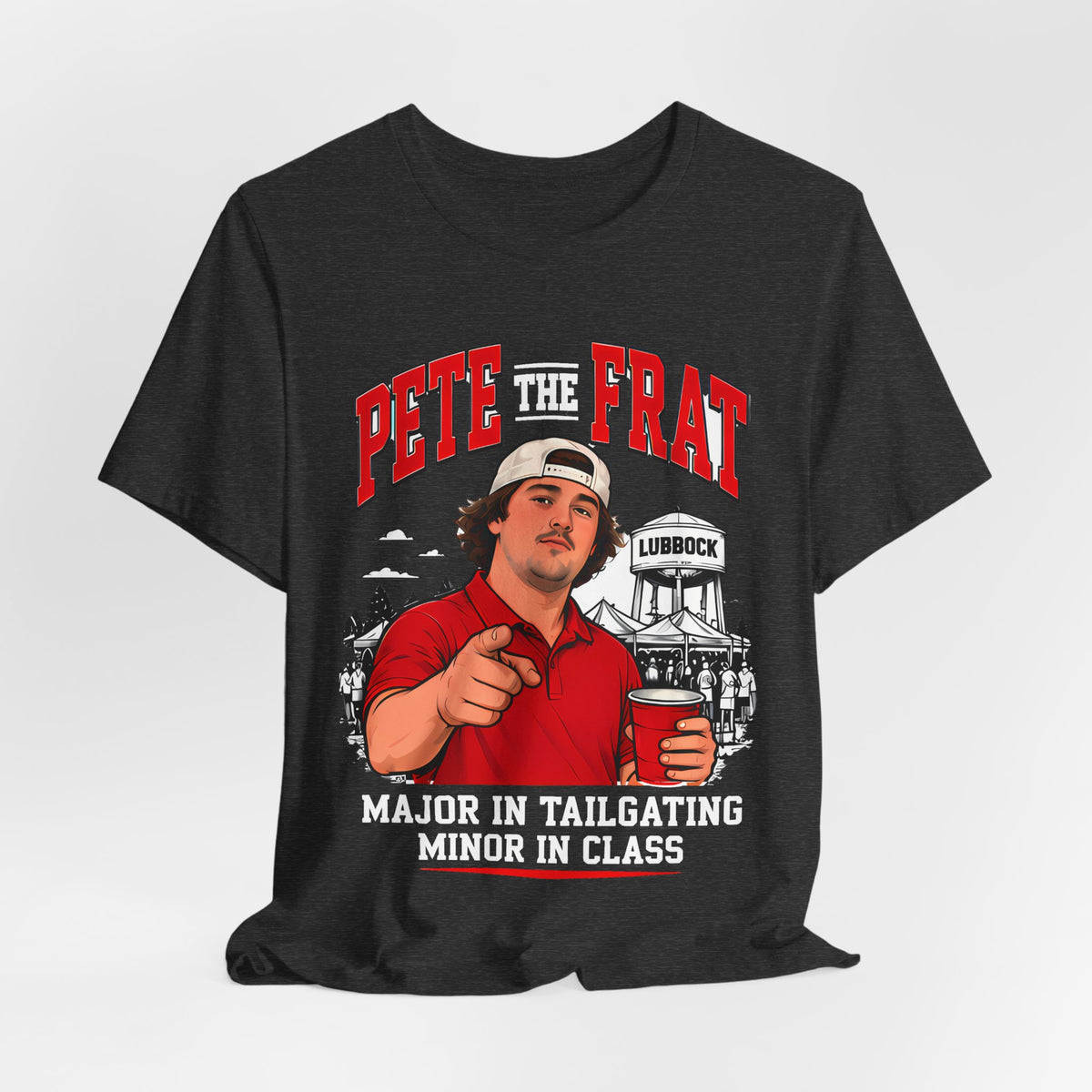 Black crew-neck T-shirt with front graphic of pointing man and red PETE THE FRAT text
