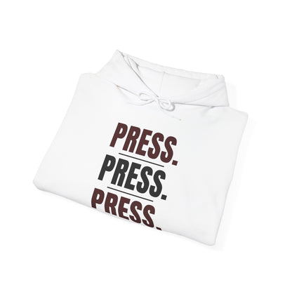 White hoodie with hood drawstrings and stacked 'PRESS. PRESS. PRESS.' graphic on chest