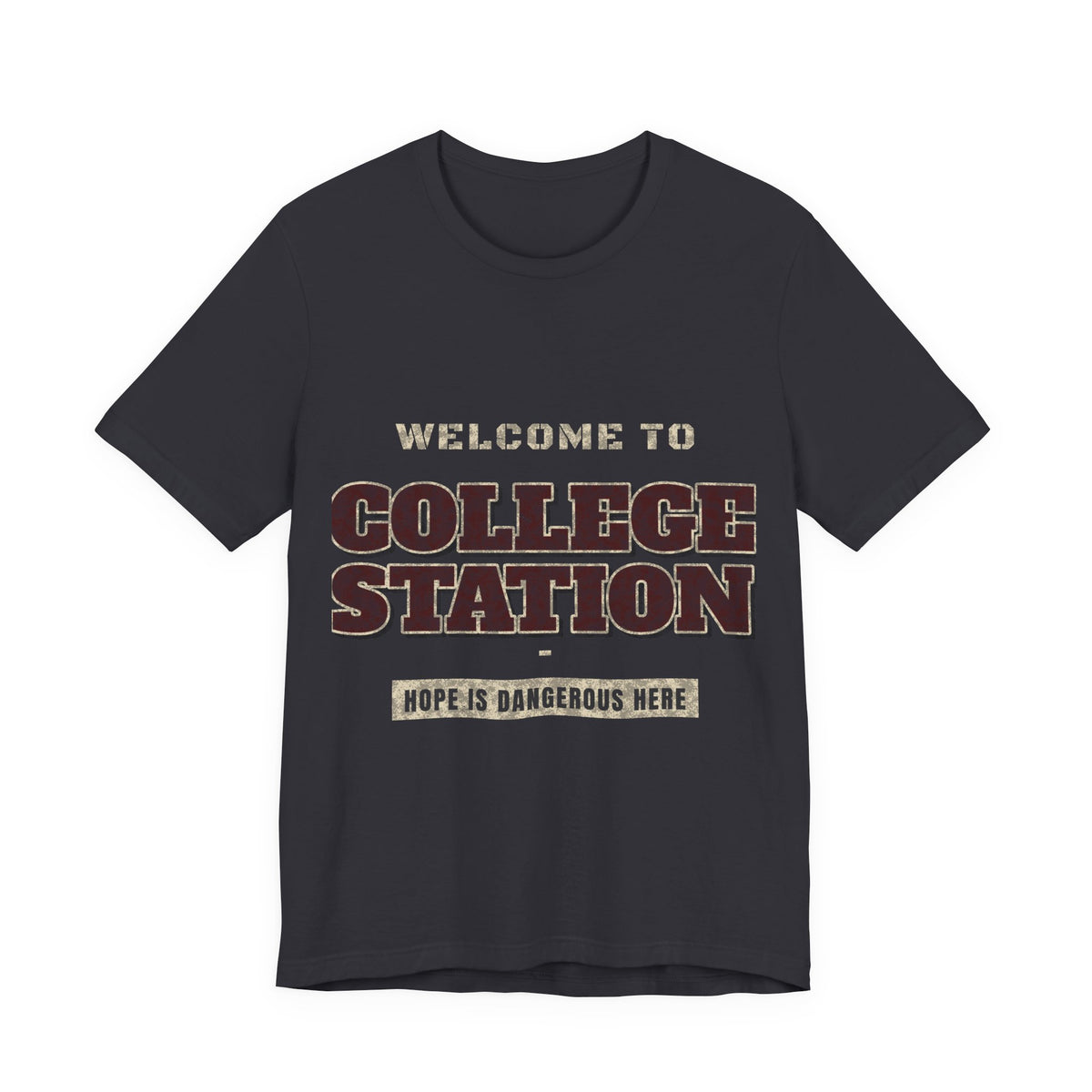 Dark grey crewneck T-shirt with “Welcome to College Station” graphic and slogan