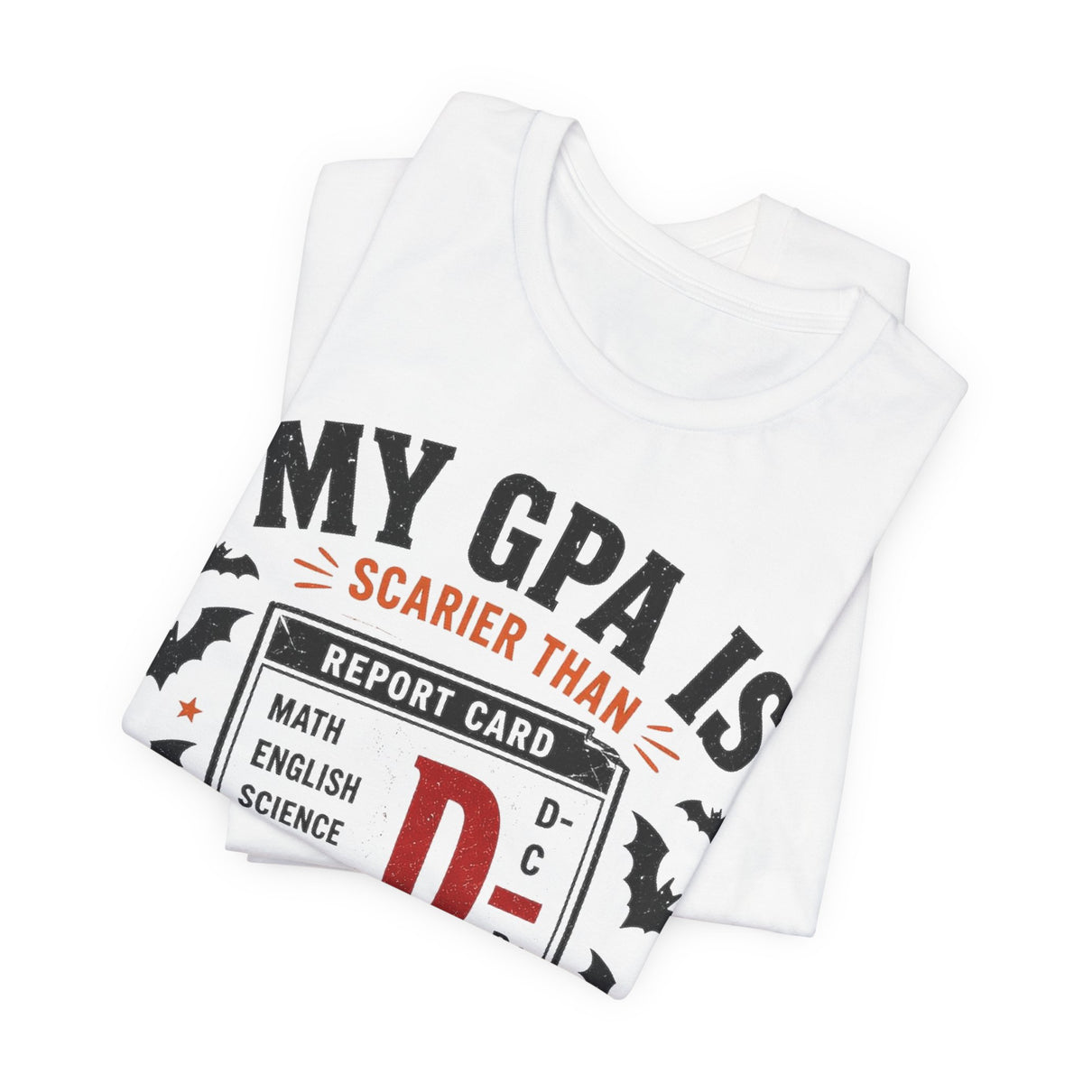 White T-shirt stack with GPA report card graphic, bats, and crew neckline
