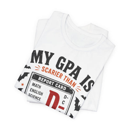 White T-shirt stack with GPA report card graphic, bats, and crew neckline
