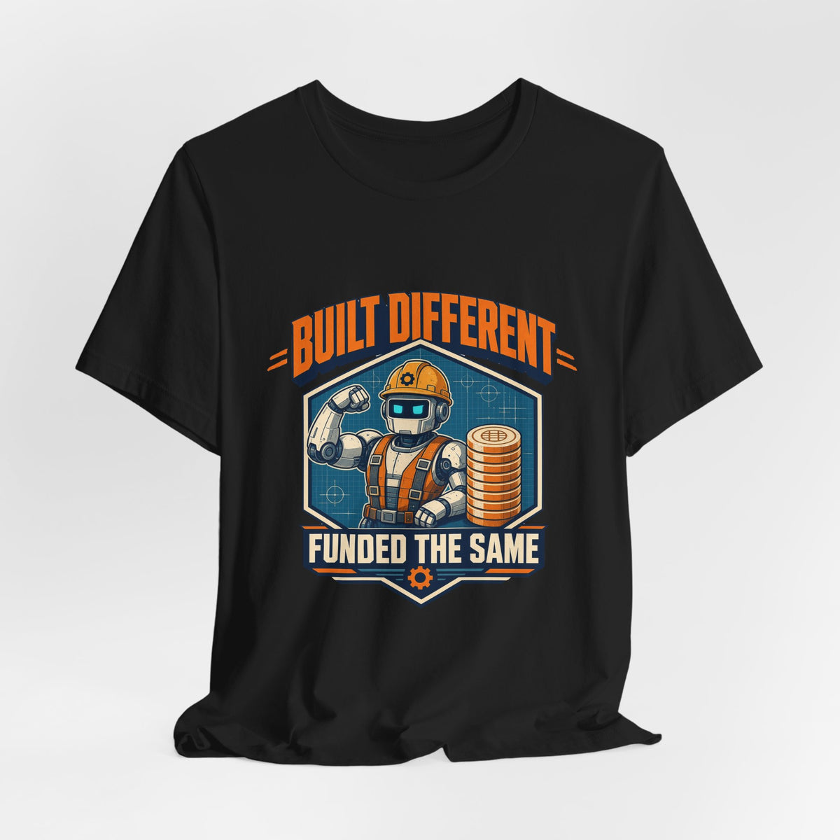Black graphic T-shirt with astronaut and coin stack emblem on the chest