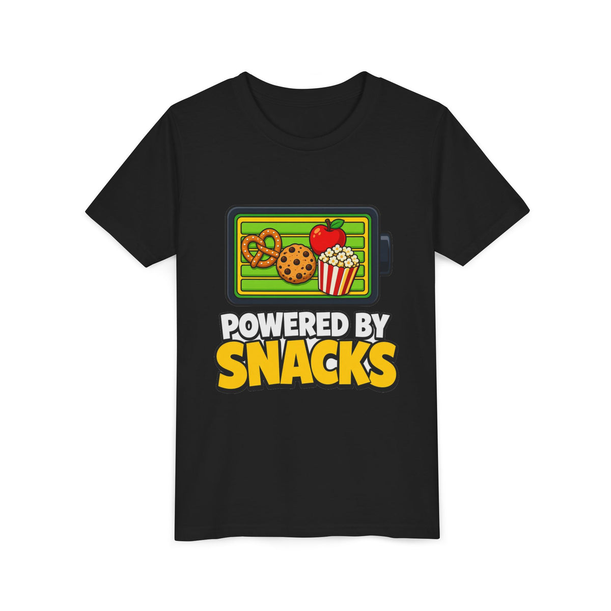 Black kids graphic T-shirt with snack-themed logo front