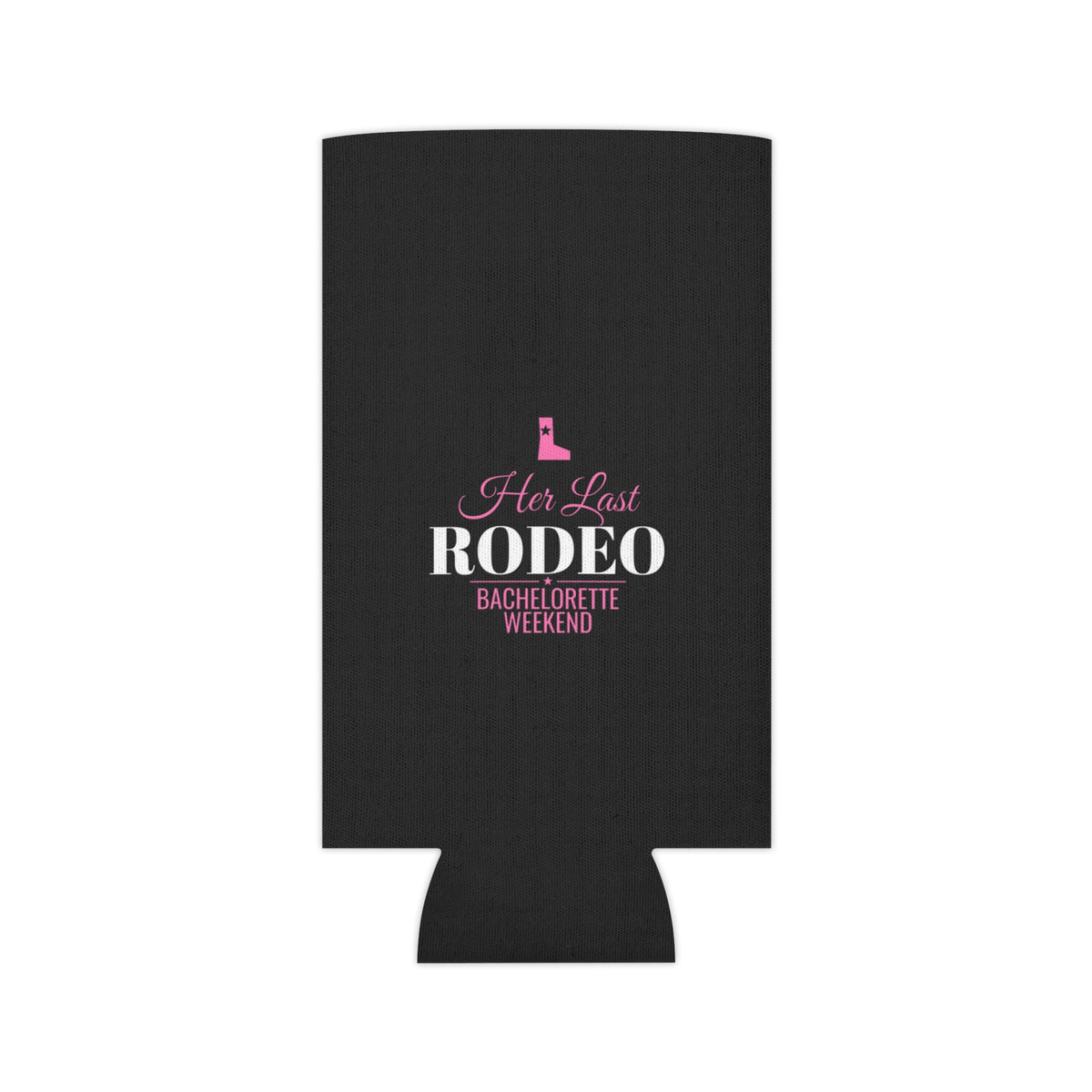 Black can cooler with pink boot and 'Her Last RODEO' bachelorette weekend text
