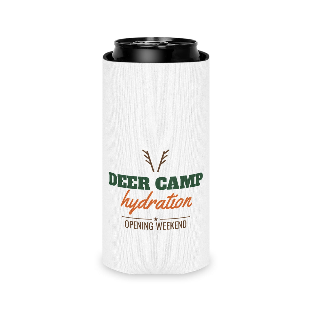 White hydration koozie with black rim top and deer camp hydration front graphic