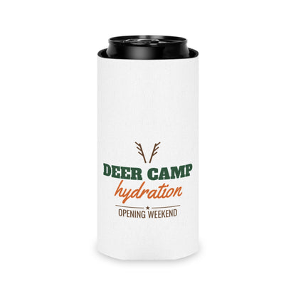 White hydration koozie with black rim top and deer camp hydration front graphic
