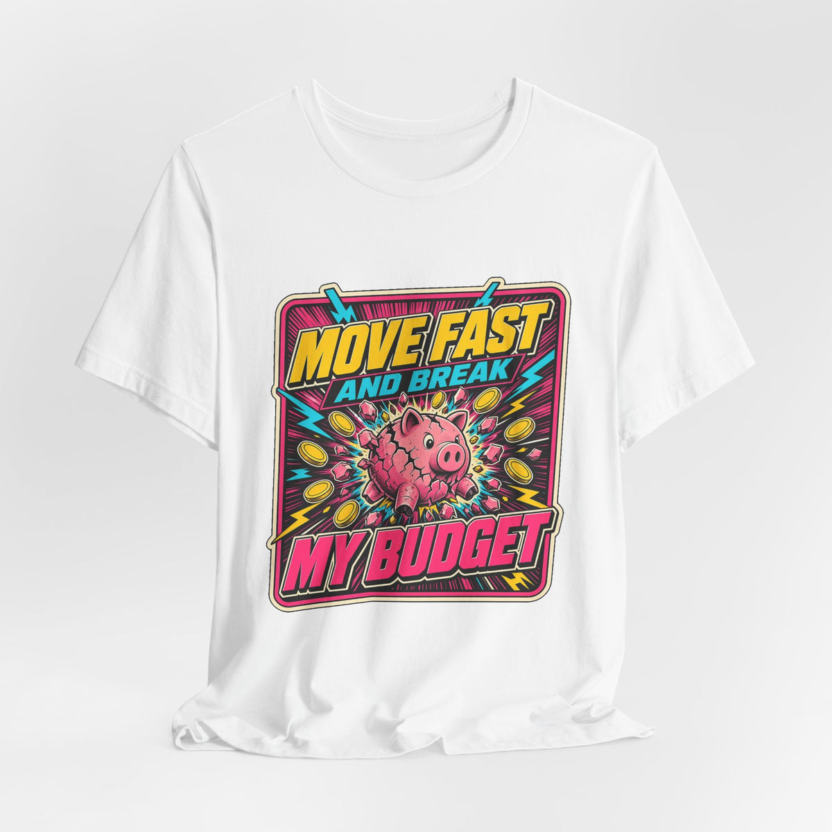 White T-shirt with centered front cartoon graphic and colorful “MYBUDGET” text