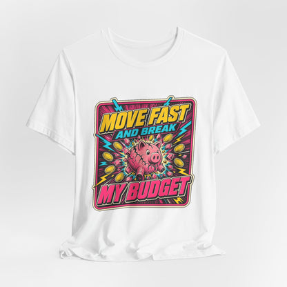 White T-shirt with centered front cartoon graphic and colorful “MYBUDGET” text