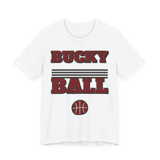 White crewneck T-shirt with "BUCKY BALL" text and basketball graphic