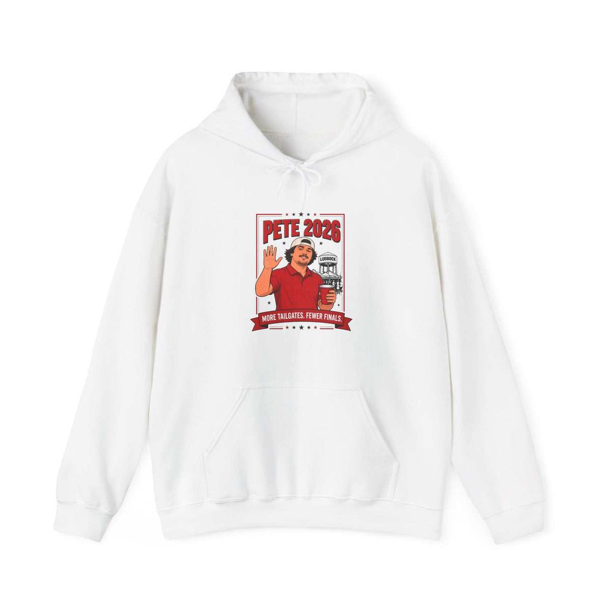 White pullover hoodie with drawstring and front pocket, graphic logo on chest