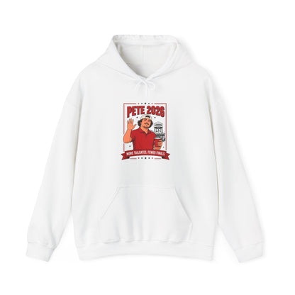 White pullover hoodie with drawstring and front pocket, graphic logo on chest