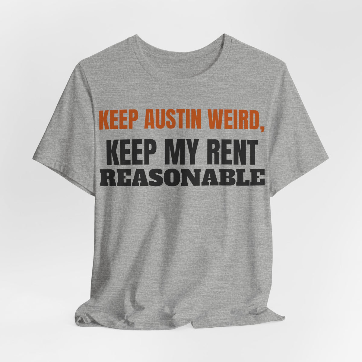 Heather gray crewneck graphic tee, front view, orange top-line and black text