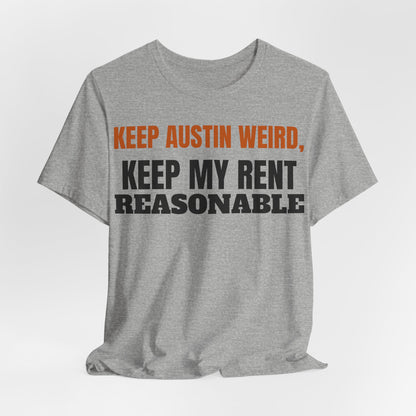 Heather gray crewneck graphic tee, front view, orange top-line and black text