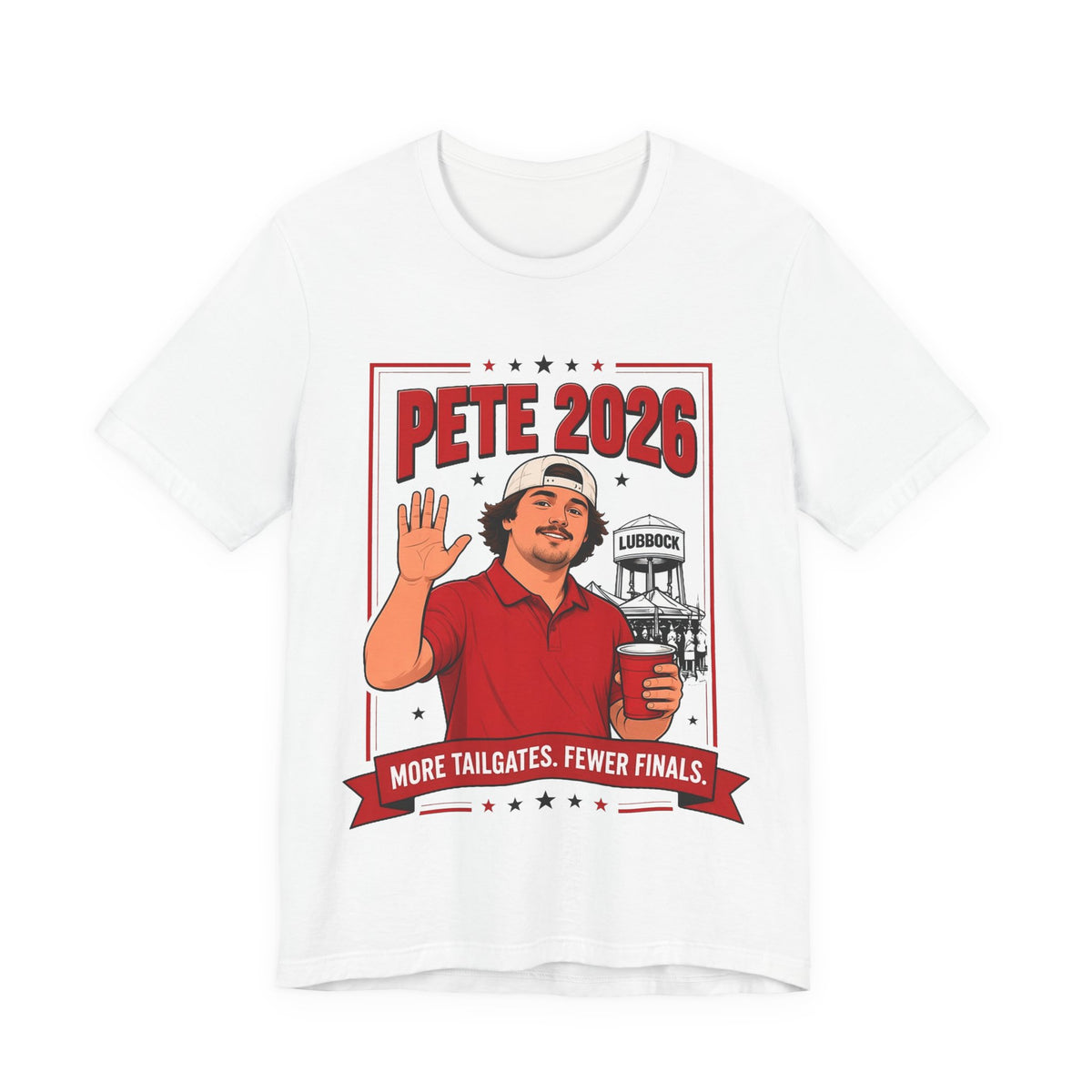 White crewneck tee with large front graphic print reading “Pete 2026”.