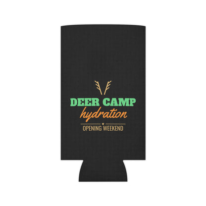 Black can koozie with centered deer-antler emblem and multicolor hydration text