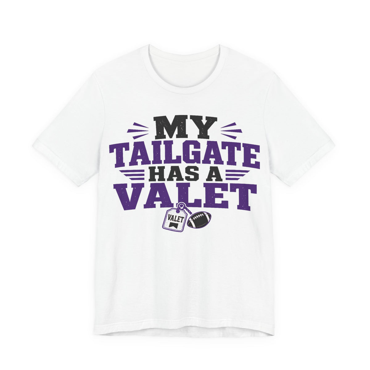White TCU graphic crew-neck tee with 'My Tailgate Has a Valet' front print