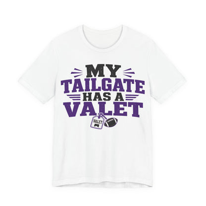 White TCU graphic crew-neck tee with 'My Tailgate Has a Valet' front print