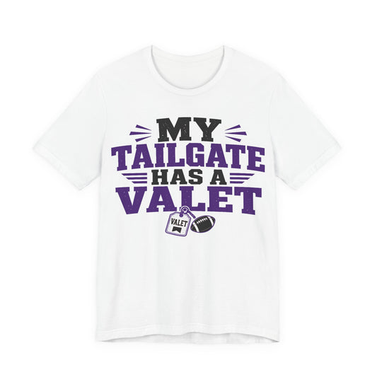 White TCU graphic crew-neck tee with 'My Tailgate Has a Valet' front print