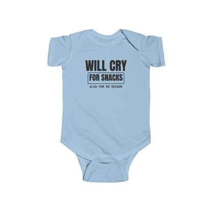 Will Cry For Snacks Funny Baby Onesie