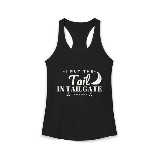 Black racerback tank top with printed slogan graphic, sleeveless curved hem
