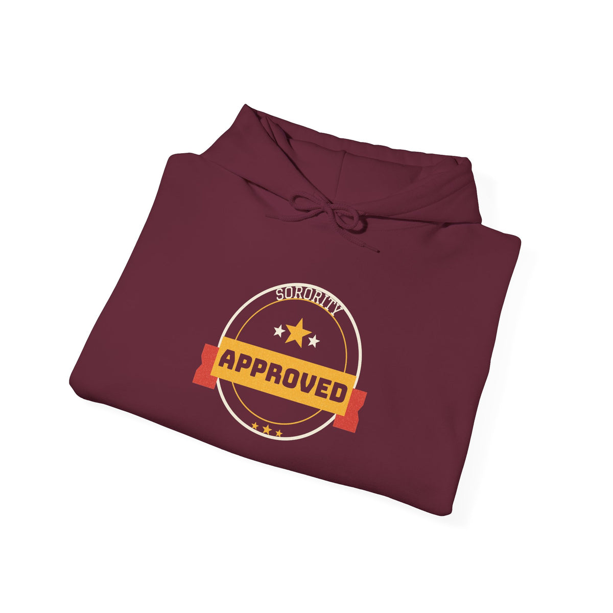 Maroon pullover hoodie with “Sorority Approved” logo on chest