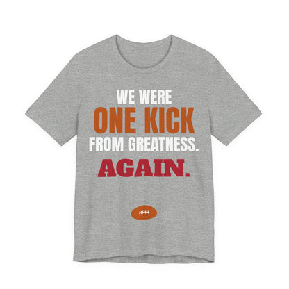 Heather gray graphic T-shirt with multicolor 'ONE KICK... AGAIN' football graphic
