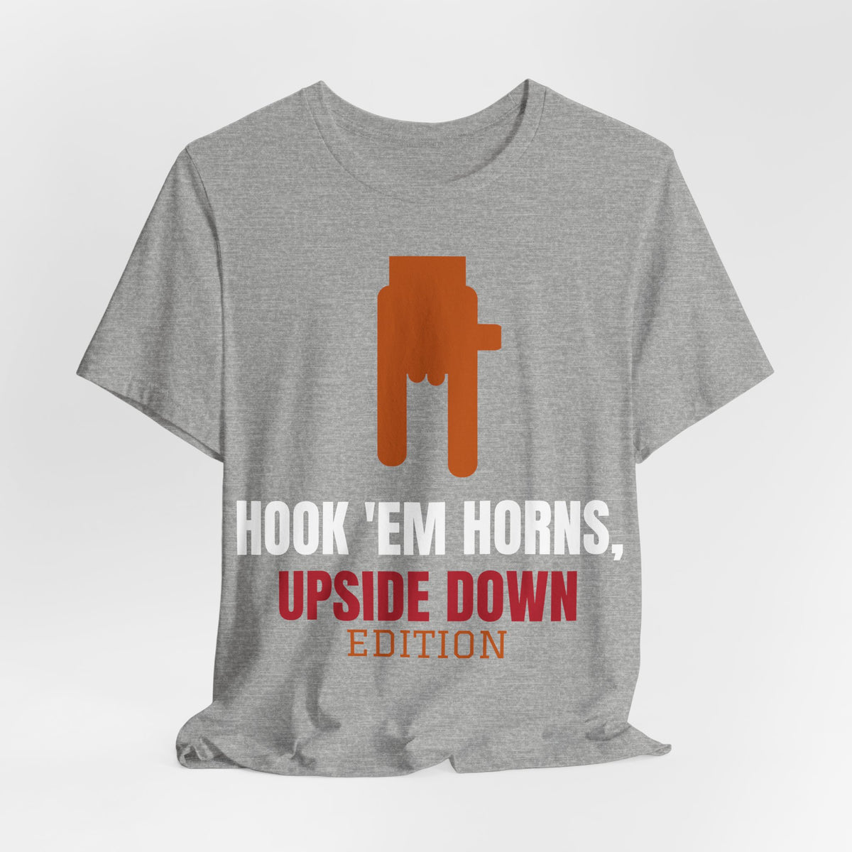 Heather gray T-shirt with orange upside-down horns emblem and red "Upside Down Edition" text