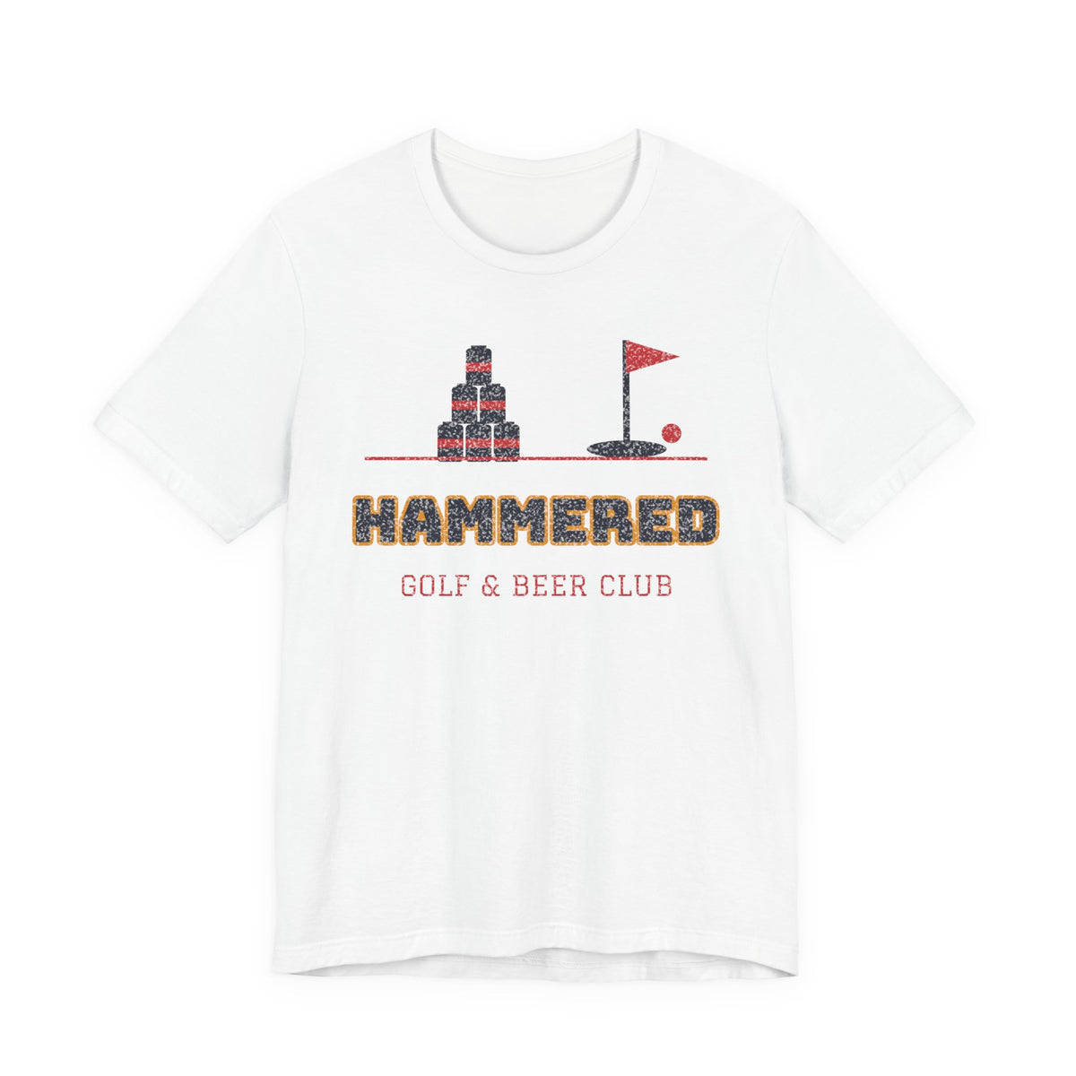 White crewneck T-shirt with 'HAMMERED' golf & beer club graphic
