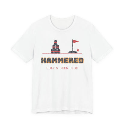 White crewneck T-shirt with 'HAMMERED' golf & beer club graphic