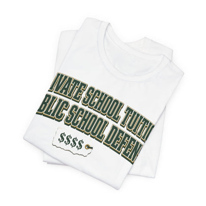 Stacked white crewneck tees with green 'Private School Tuition' and 'Public School Defense' print