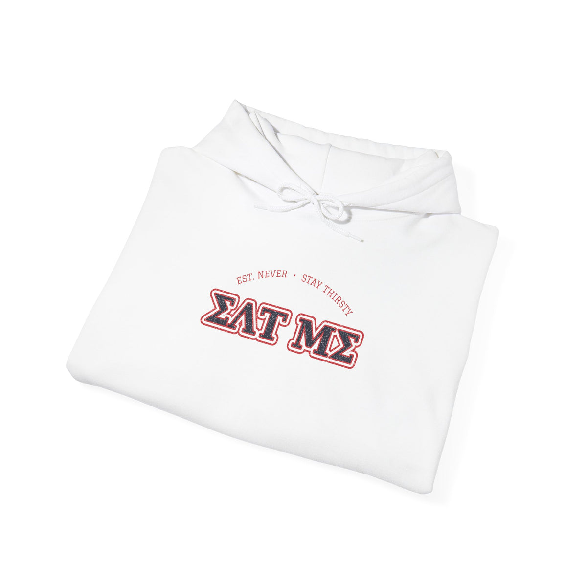 White hoodie with “EAT ME” graphic logo and front drawstring hood