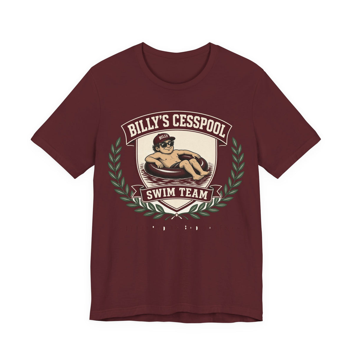 Maroon swim team crest graphic T-shirt with crew neck