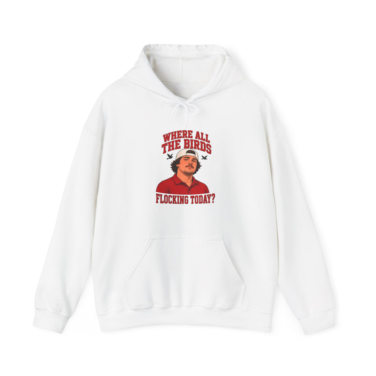 White hoodie with bird graphic and kangaroo pocket, drawstring hood