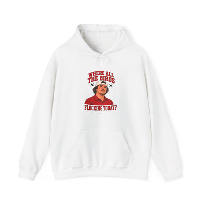 White hoodie with bird graphic and kangaroo pocket, drawstring hood