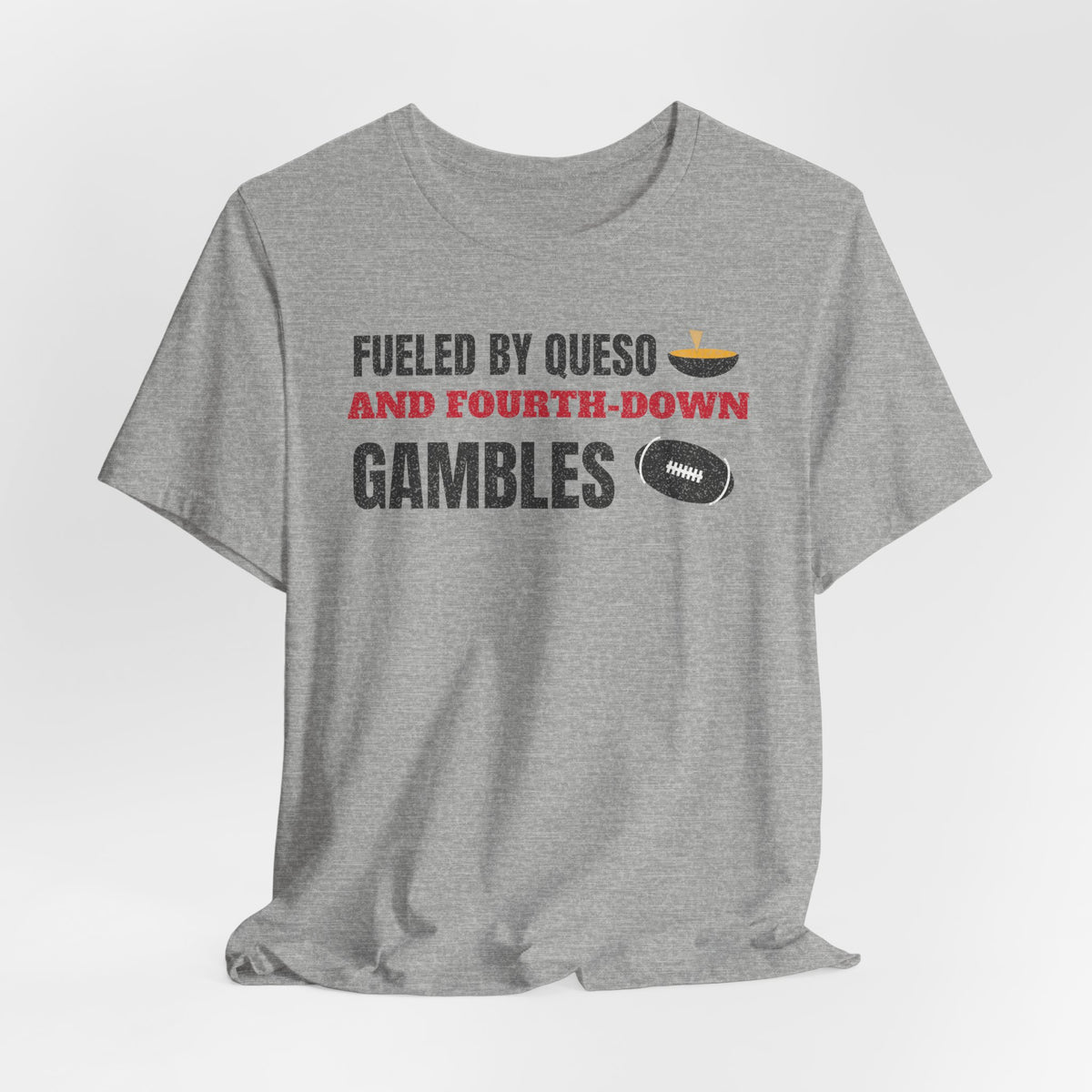 Heather gray graphic T-shirt with “Fueled by Queso and Fourth-Down Gambles” football print