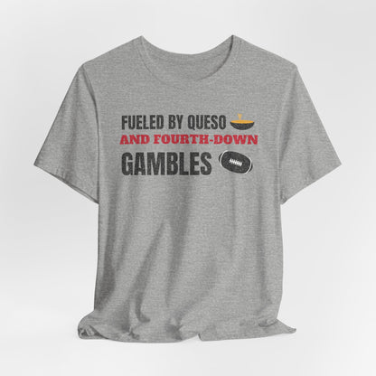 Heather gray graphic T-shirt with “Fueled by Queso and Fourth-Down Gambles” football print