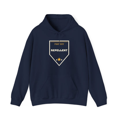 Navy pullover hoodie with hood and front graphic badge, kangaroo pocket