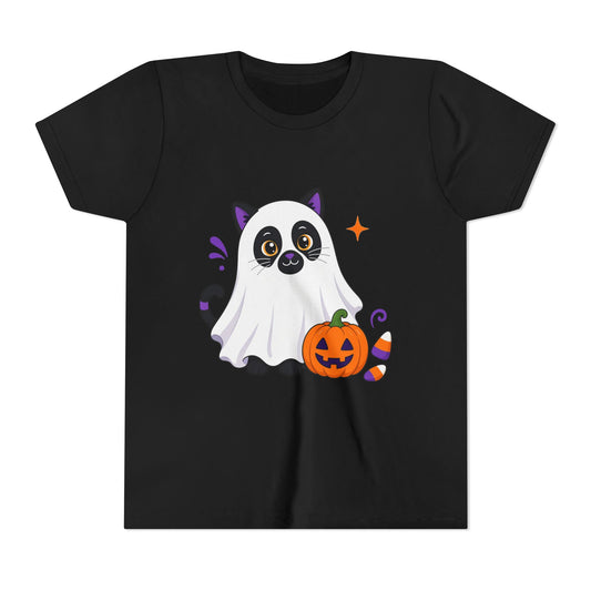 Kids black Halloween graphic tee with ghost cat holding a jack-o'-lantern pumpkin